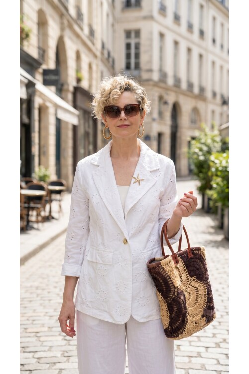 Primma | Fisto Nakışlı & Yıldız Broşlu Pamuk Blazer Beyaz