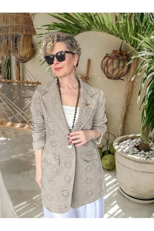 Primma | Fisto Nakışlı & Yıldız Broşlu Pamuk Blazer Fango