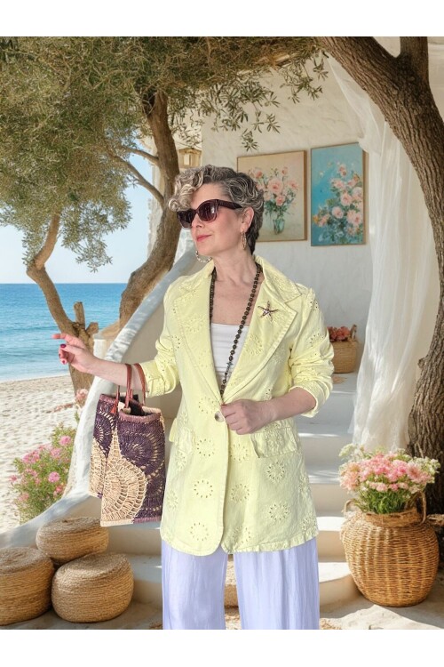 Primma | Fisto Nakışlı & Yıldız Broşlu Pamuk Blazer Sarı