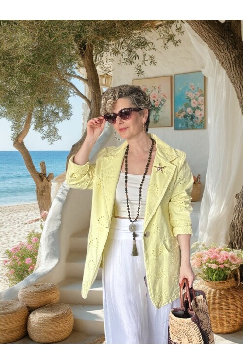 Primma | Fisto Nakışlı & Yıldız Broşlu Pamuk Blazer Sarı