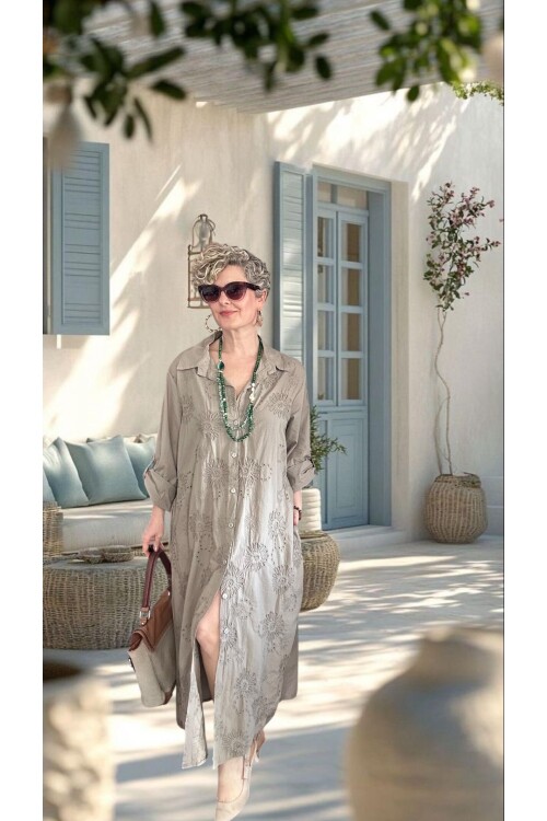 Pucca İtalyan Çiçek Detaylı Gömlek  Elbise Kap Fango