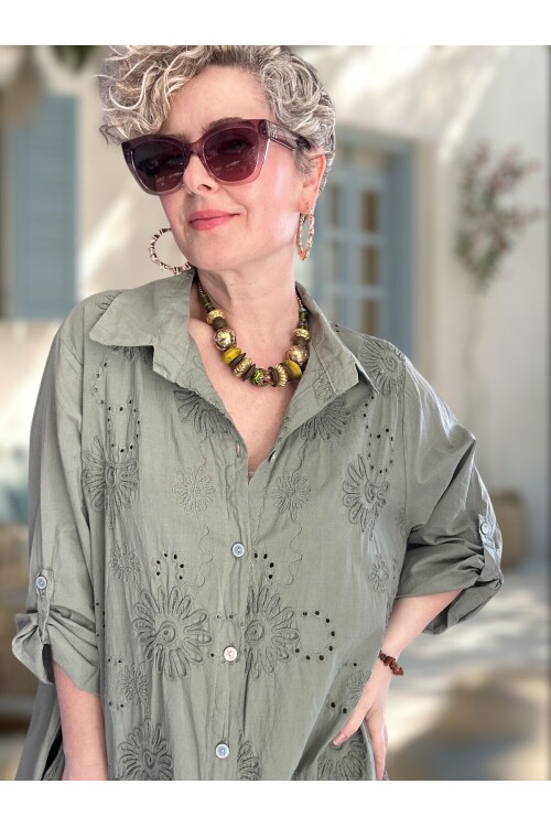 Pucca İtalyan Çiçek Detaylı Gömlek  Elbise Kap Haki Yeşil