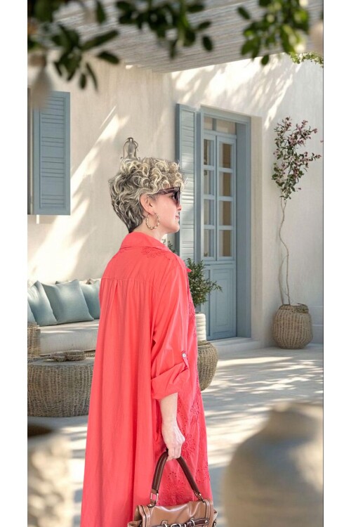 Pucca İtalyan Çiçek Detaylı Gömlek  Elbise Kap Mercan