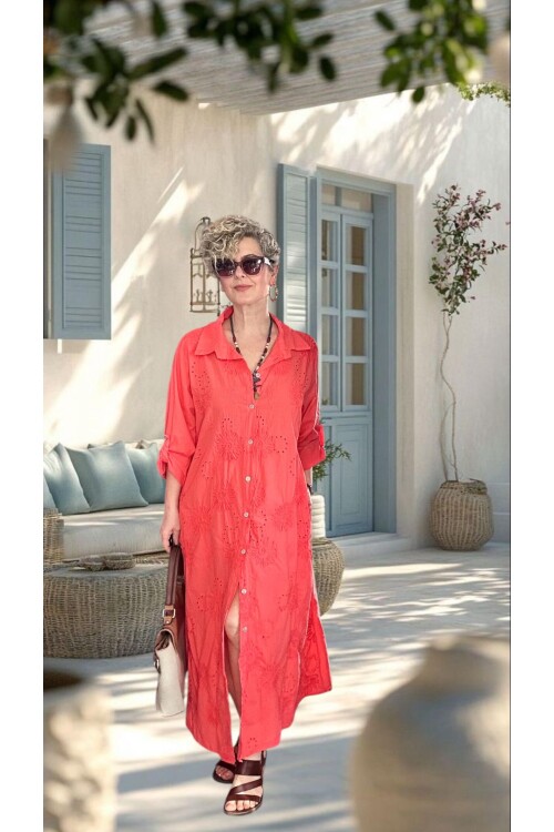 Pucca İtalyan Çiçek Detaylı Gömlek  Elbise Kap Mercan