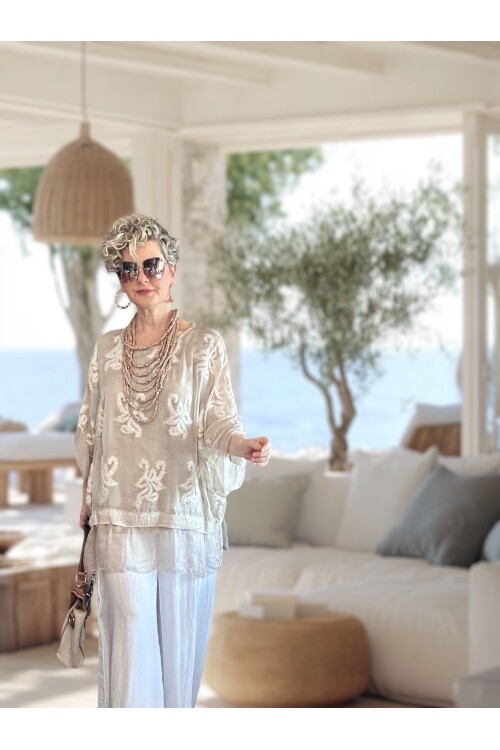Purro İpek & Vizkoz Karışımlı Payet İşlemeli Bluz Beige