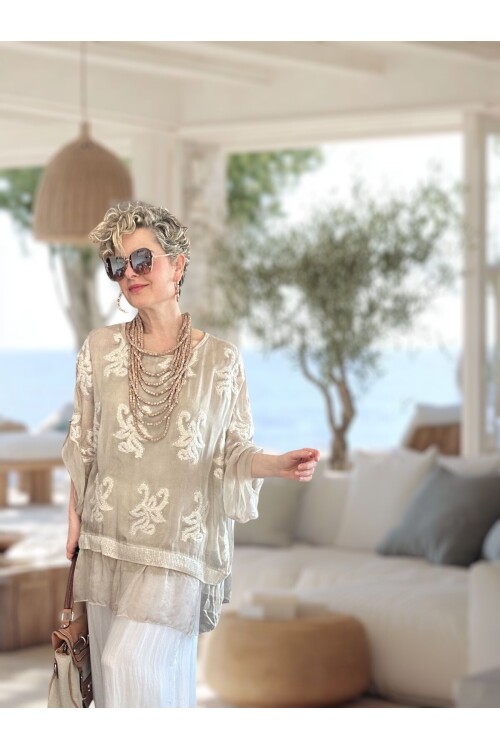 Purro İpek & Vizkoz Karışımlı Payet İşlemeli Bluz Beige