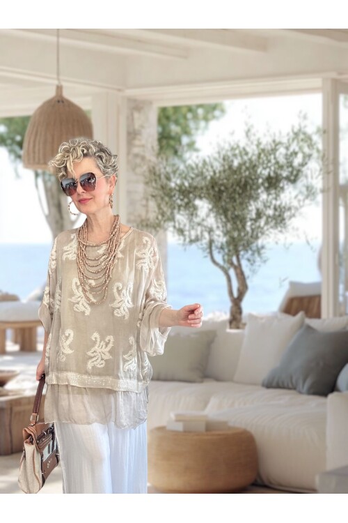Purro İpek & Vizkoz Karışımlı Payet İşlemeli Bluz Beige