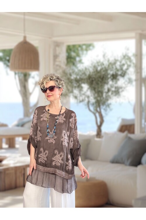 Purro İpek & Vizkoz Karışımlı Payet İşlemeli Bluz Kahve