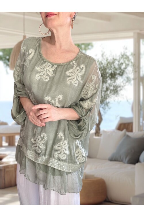 Purro İpek & Vizkoz Karışımlı Payet İşlemeli Bluz Su Yeşil