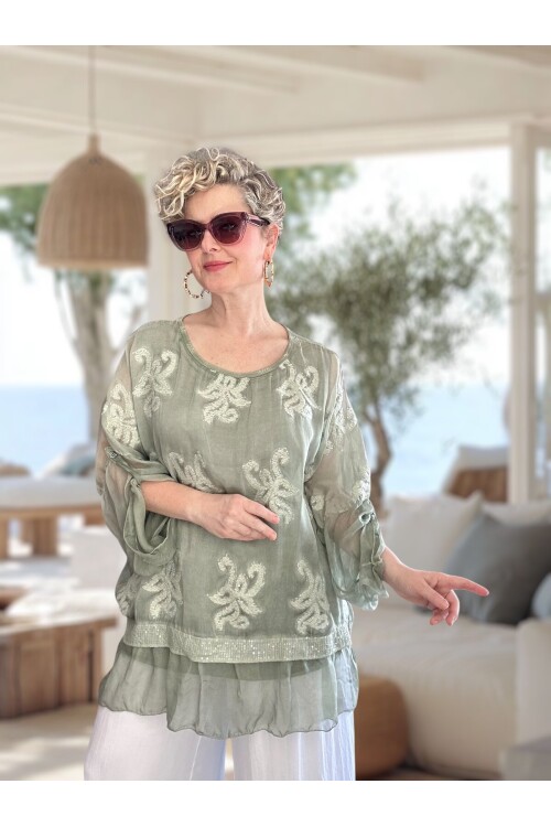 Purro İpek & Vizkoz Karışımlı Payet İşlemeli Bluz Su Yeşil