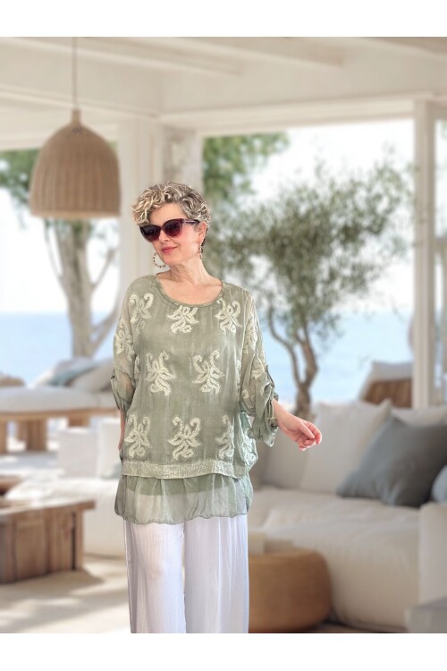 Purro İpek & Vizkoz Karışımlı Payet İşlemeli Bluz Su Yeşil