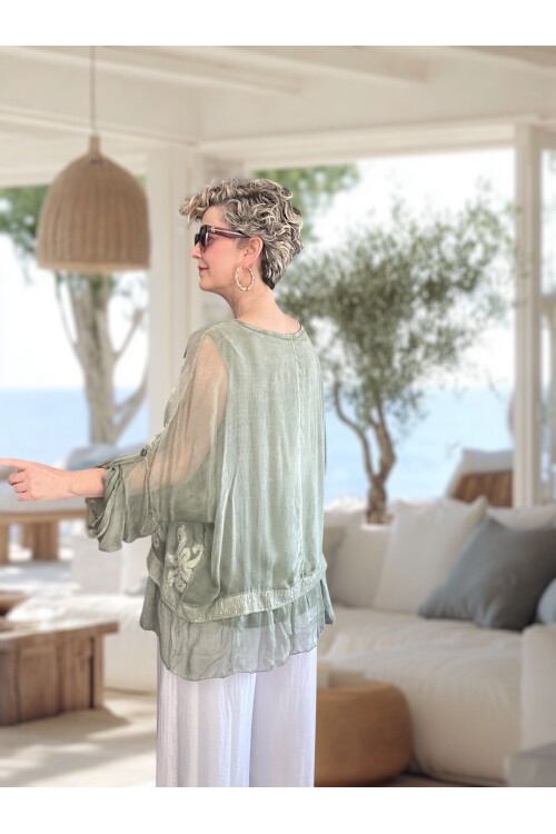 Purro İpek & Vizkoz Karışımlı Payet İşlemeli Bluz Su Yeşil