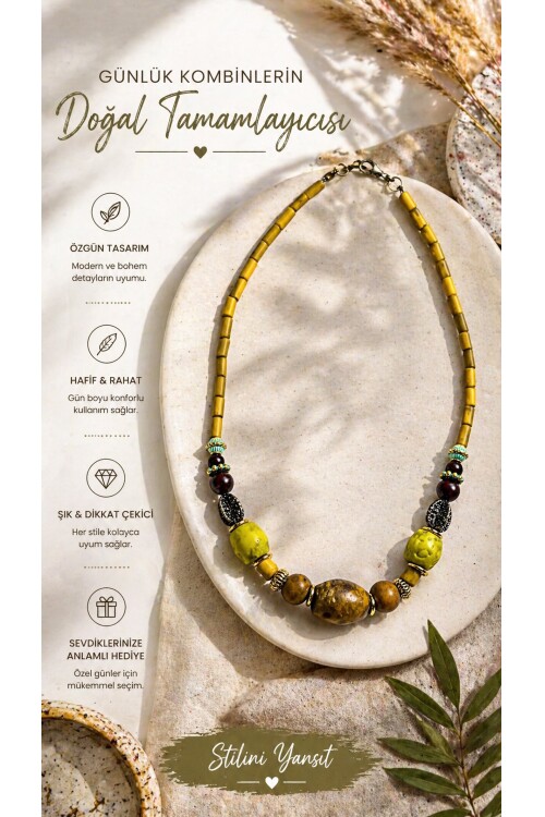 Ragis Pirinç Cam Etnik Kolye Hardal