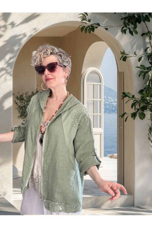 Ratta Fisto İşlemeli Payet Detaylı Truvakar Kol Keten Ceket Haki