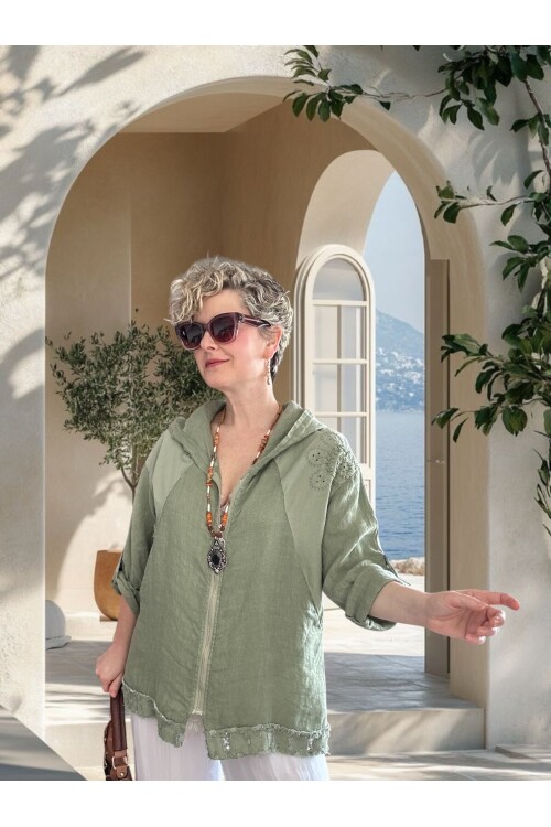 Ratta Fisto İşlemeli Payet Detaylı Truvakar Kol Keten Ceket Haki