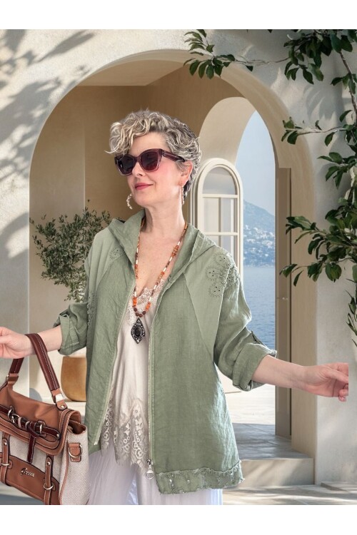 Ratta Fisto İşlemeli Payet Detaylı Truvakar Kol Keten Ceket Haki