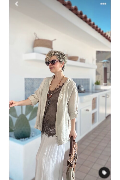 Ratta Fisto İşlemeli Payet Detaylı Truvakar Kol Keten Ceket Beige