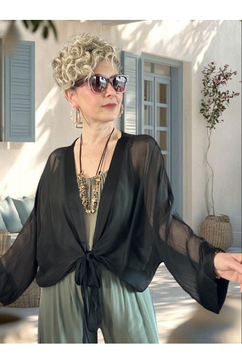 Retti Ön Düğüm Detay İtayan İpek Karışımlı  Bluz Siyah