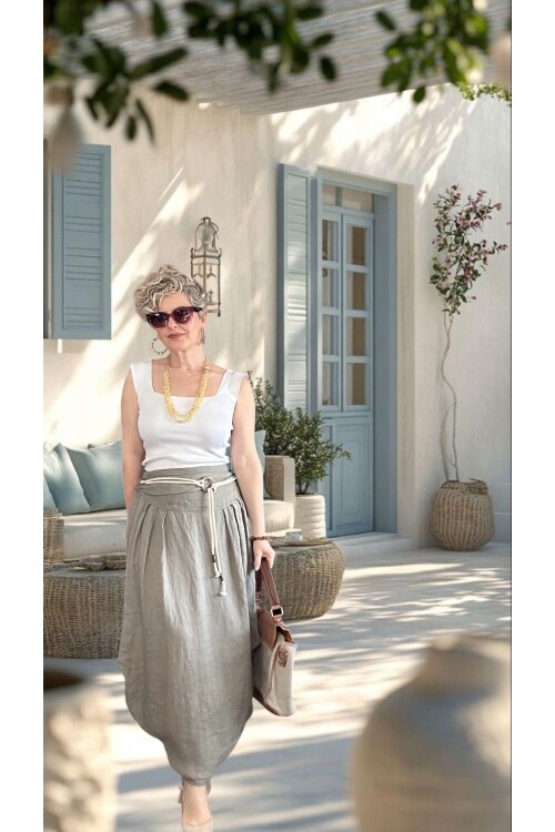 Rezza İtalyan Halka Detaylı Artizan Keten Etek Fango