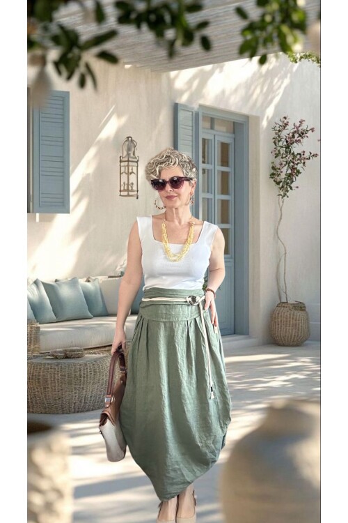 Rezza İtalyan Halka Detaylı Artizan Keten Etek Military