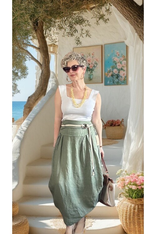 Rezza İtalyan Halka Detaylı Artizan Keten Etek Military