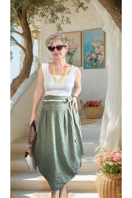 Rezza İtalyan Halka Detaylı Artizan Keten Etek Military