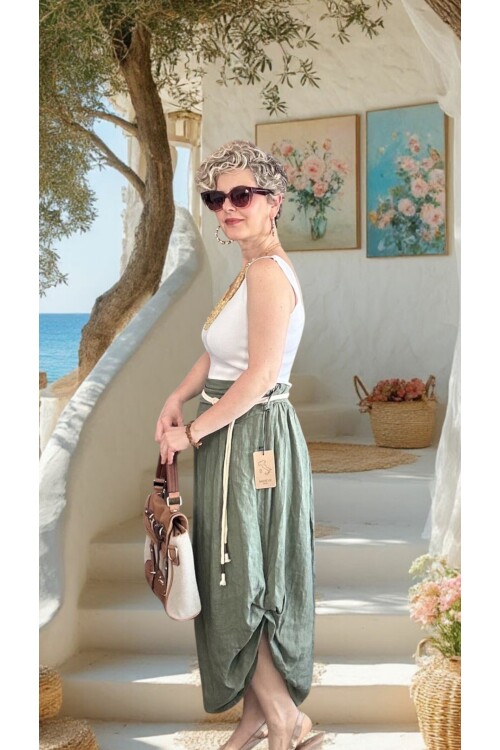 Rezza İtalyan Halka Detaylı Artizan Keten Etek Military