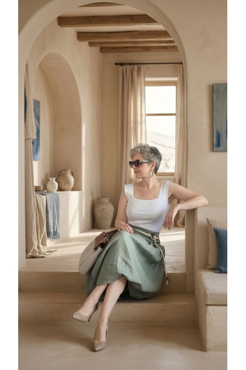 Rezza İtalyan Halka Detaylı Artizan Keten Etek Military