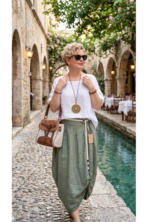 Rezza İtalyan Halka Detaylı Artizan Keten Etek Military