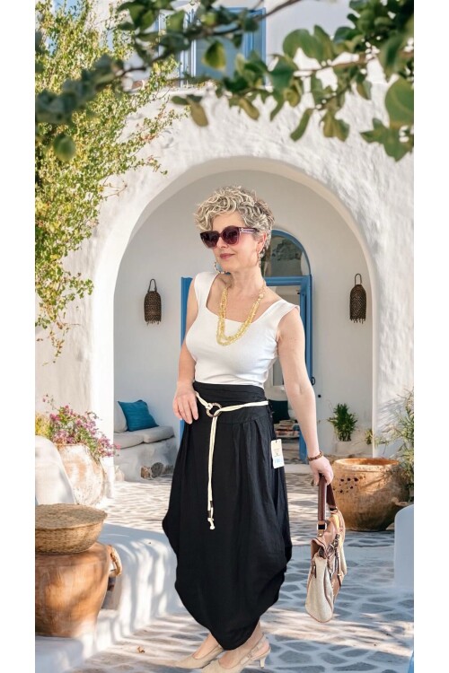 Rezza İtalyan Halka Detaylı Artizan Keten Etek Siyah
