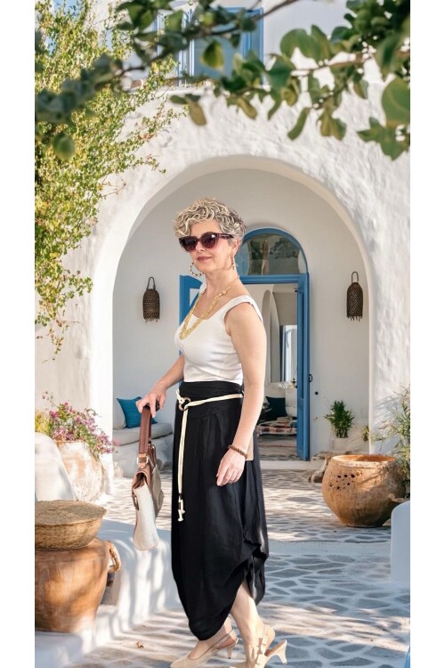 Rezza İtalyan Halka Detaylı Artizan Keten Etek Siyah