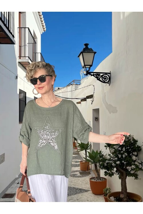 Ricco İthal Yıldız Detaylı Salaş Bluz Haki