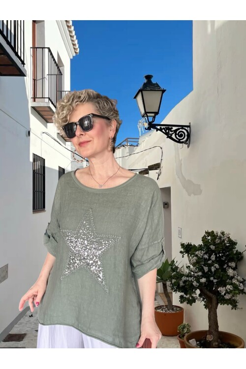 Ricco İthal Yıldız Detaylı Salaş Bluz Haki