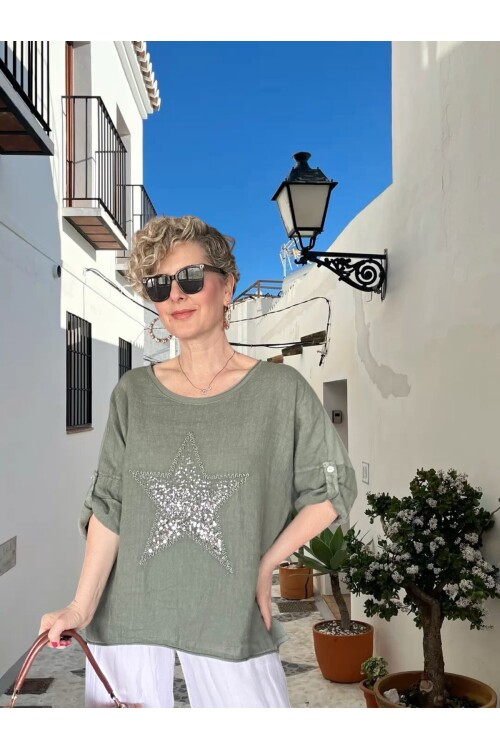 Ricco İthal Yıldız Detaylı Salaş Bluz Haki