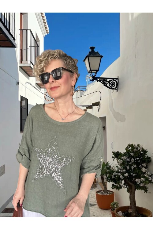 Ricco İthal Yıldız Detaylı Salaş Bluz Haki