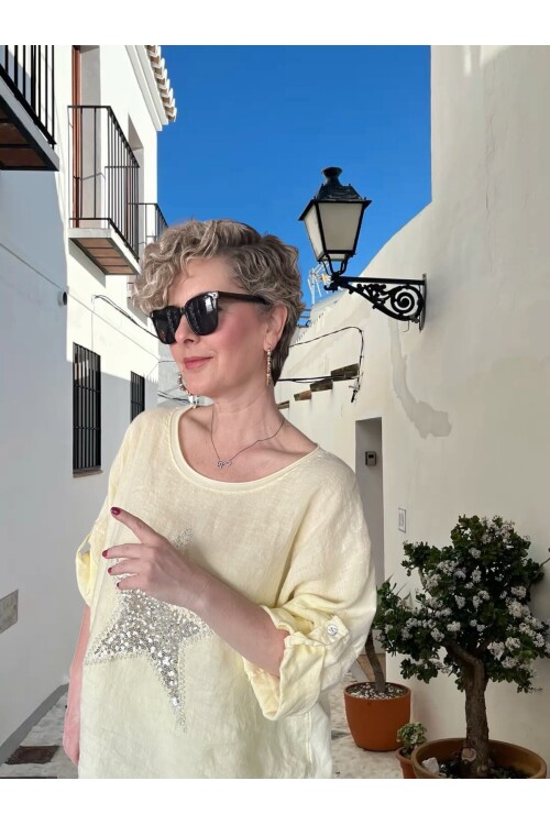 Ricco İthal Yıldız Detaylı Salaş Bluz Sarı