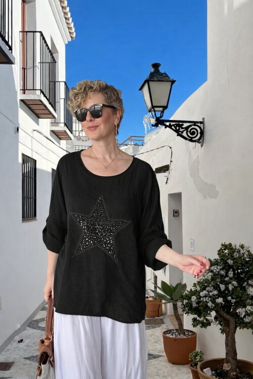 Ricco İthal Yıldız Detaylı Salaş Bluz Siyah