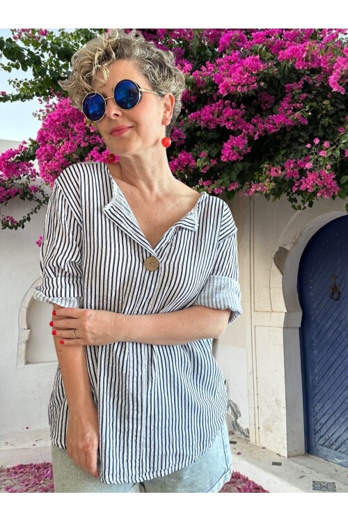 Rimmi İtalyan Çizgili Düğme Detay Bluz Beyaz