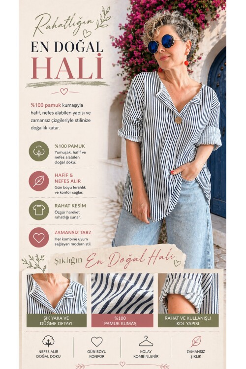 Rimmi İtalyan Çizgili Düğme Detay Bluz Beyaz