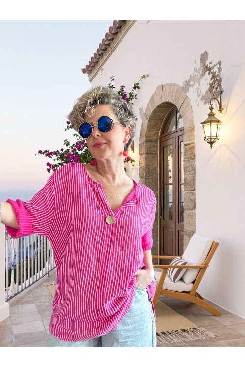Rimmi İtalyan Çizgili Düğme Detay Bluz Fuşya
