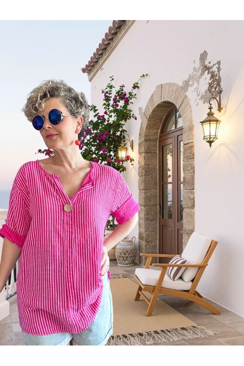 Rimmi İtalyan Çizgili Düğme Detay Bluz Fuşya