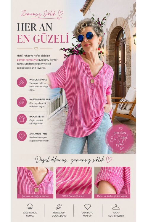 Rimmi İtalyan Çizgili Düğme Detay Bluz Fuşya