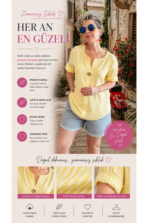 Rimmi İtalyan Çizgili Düğme Detay Bluz Sarı