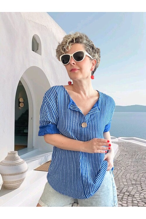 Rimmi İtalyan Çizgili Düğme Detay Bluz Sax