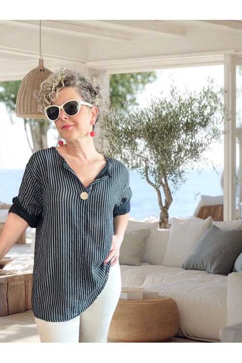 Rimmi İtalyan Çizgili Düğme Detay Bluz Siyah