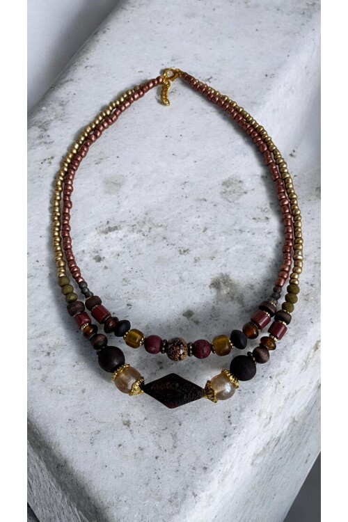 Rustık Pirinç Cam Etnik Kolye