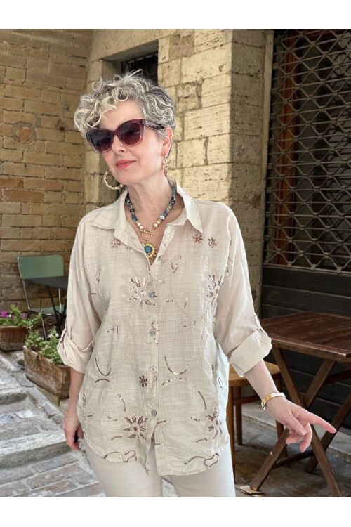 Sabbi İtalyan Payet Nakış Detaylı Gömlek Bej