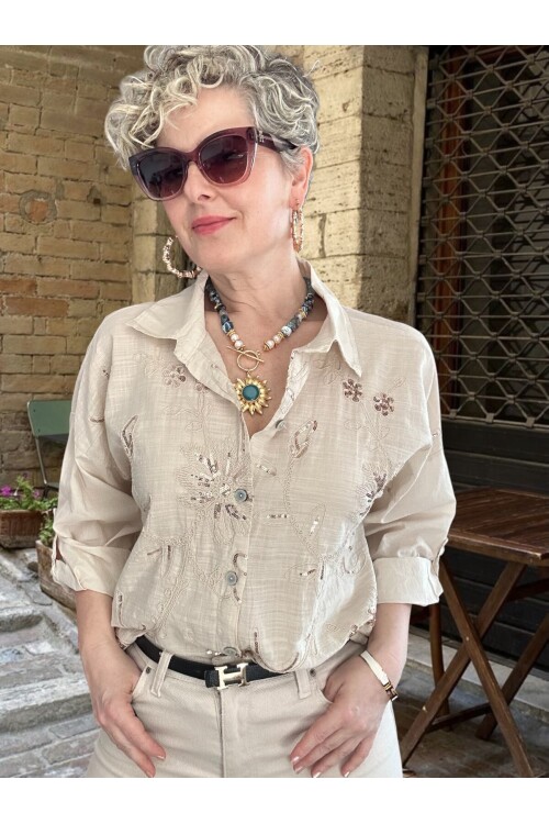 Sabbi İtalyan Payet Nakış Detaylı Gömlek Bej