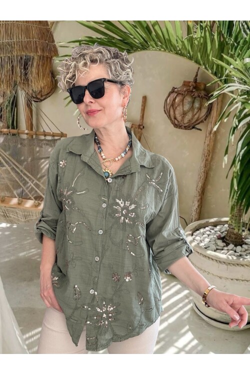 Sabbi İtalyan Payet Nakış Detaylı Gömlek Haki