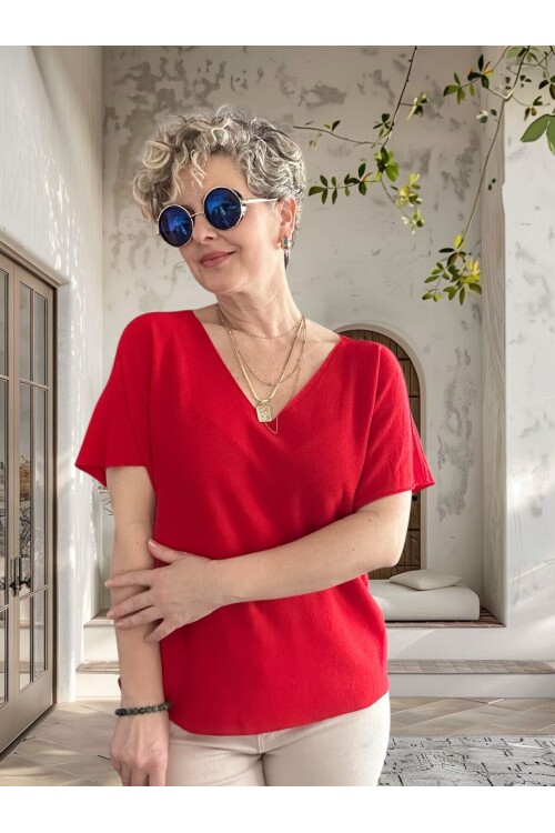 Sacci İtalyan Esintisi V Yaka Mevsimsiz Triko Bluz Kırmızı
